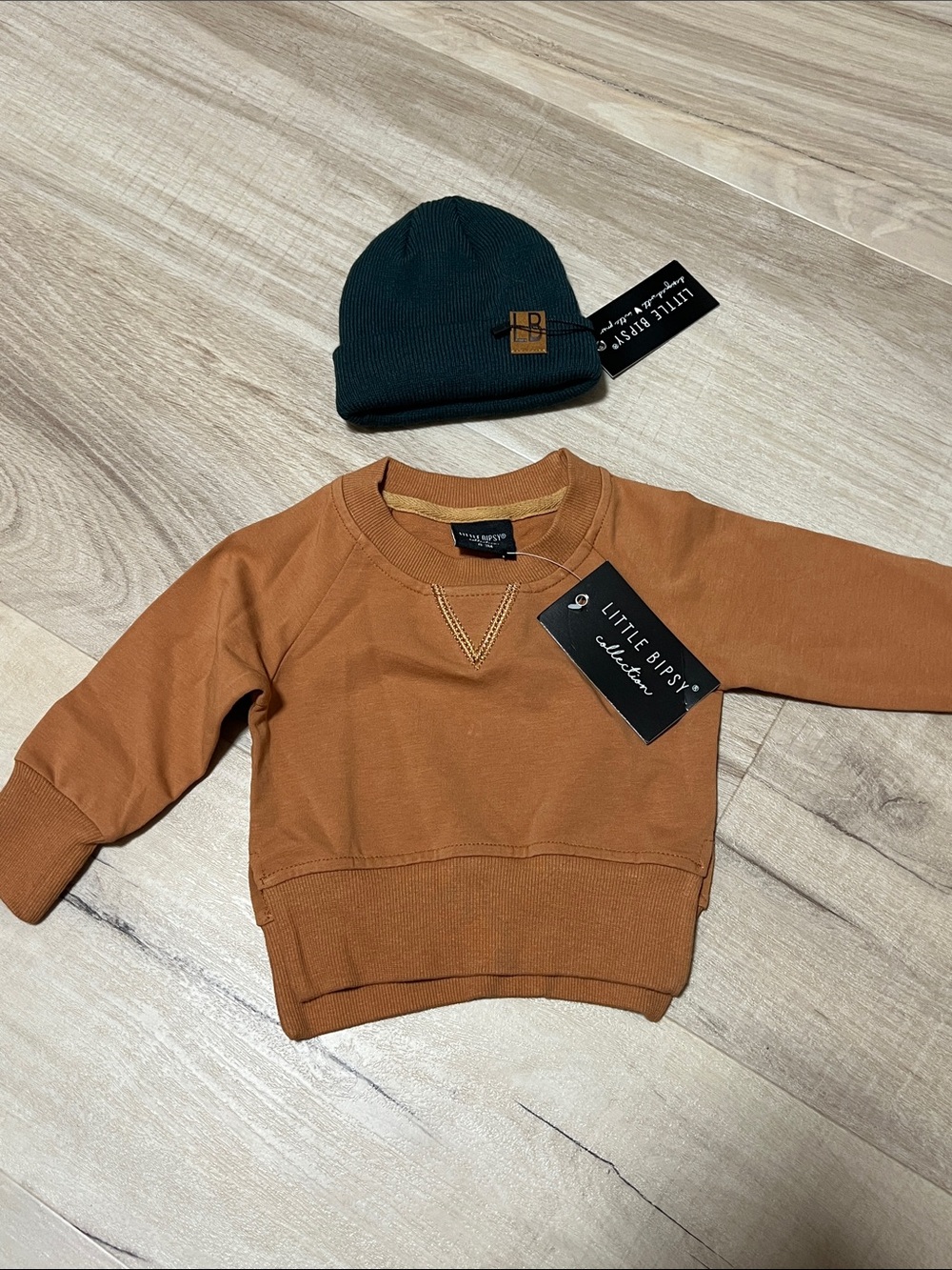 Little Bipsy Rust Brown Crew Sweatshirt with Dark Green Beanie